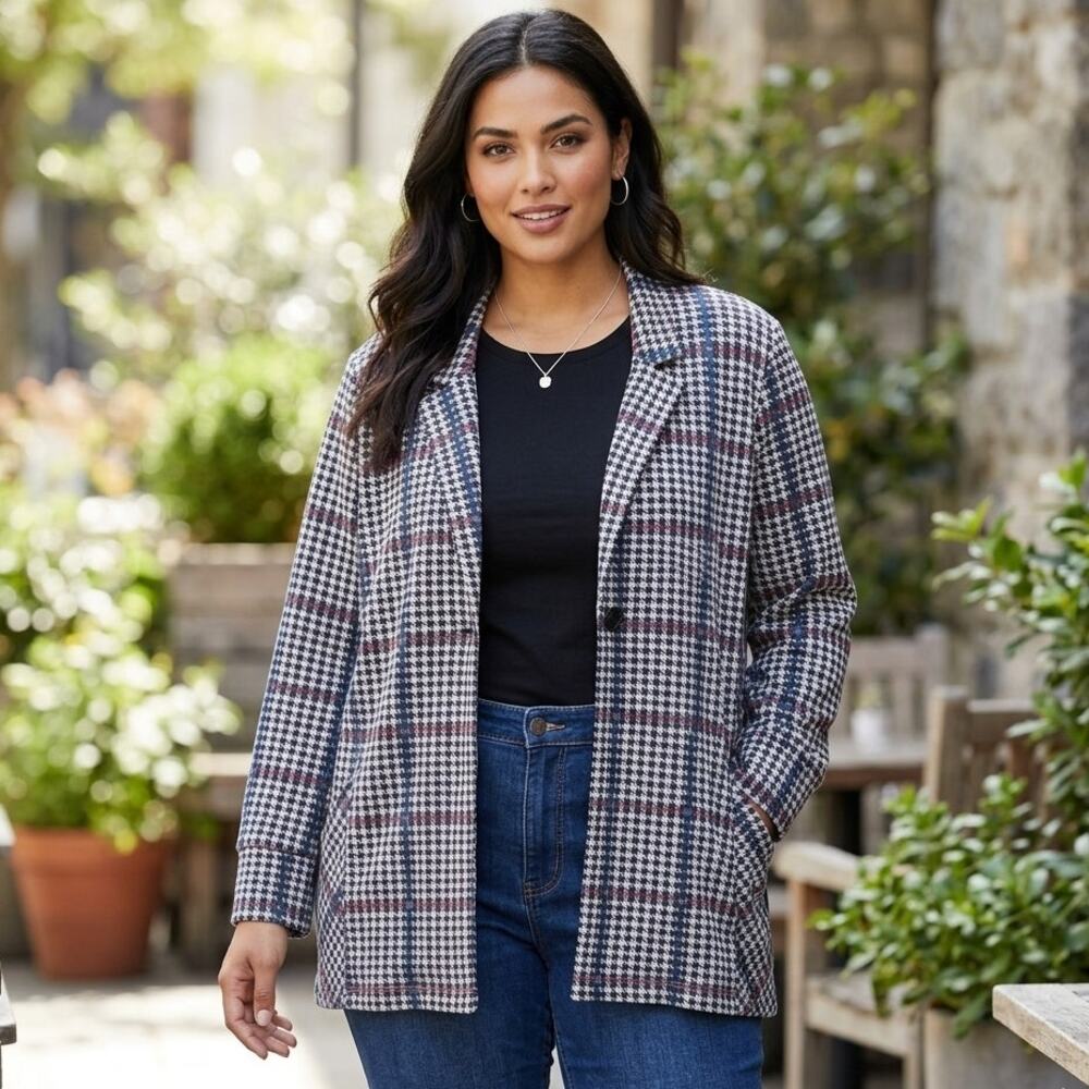 Cuddl Duds Houndstooth Plaid Jacket Women's Large Black Red Button Knit Topper